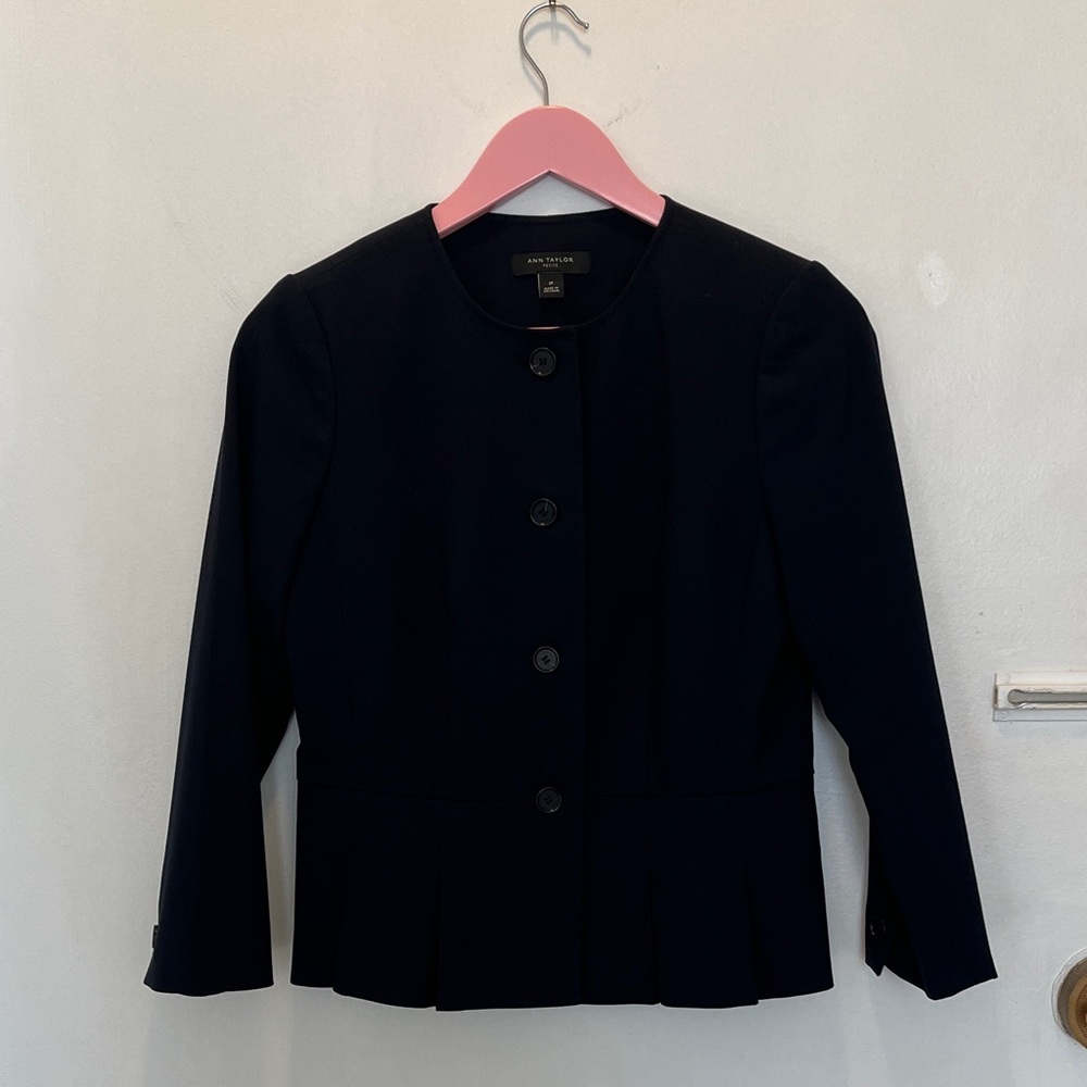 Ann Taylor Navy Blue Button-Front Peplum Jacket